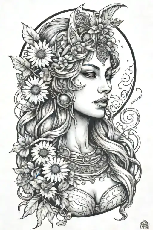 Freya Norse Goddes Bust With Full Moon And Daisies Floating
