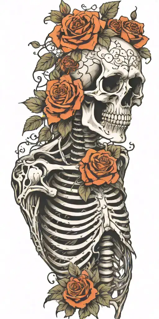Skeleton With Ribs And Both Arms And Spine Surrounded By Roses And Wrapped In Vines
