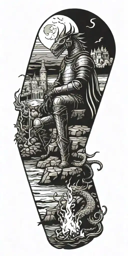 Medieval Knight Sitting By Camp Fire By The Ocean With Dragon And Castle In Background