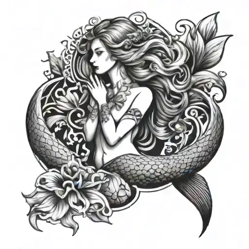 A Mermaid With Open Hairs And Two Shells On The Chest With Open Hands