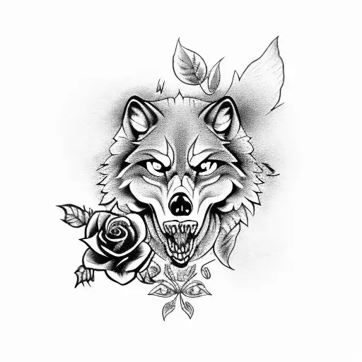 Wolf And Roses Skull