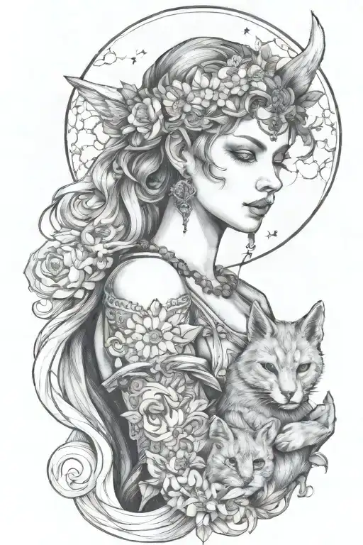 Freya Goddess Bust With Daisies Full Moon And Kitten Boar Ears