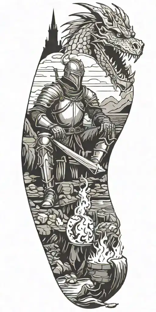 Medieval Knight Sitting By Camp Fire By The Ocean With Dragon And Castle In The Back