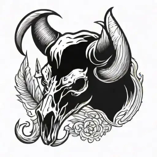 A Traditional Style Tattoo Of A Buffalo Skull With Crossed Knives Behind It