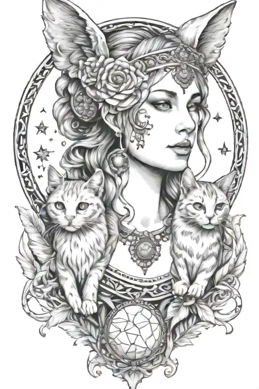 Freya Goddess Bust With 2 Small Cats Full Moon Feathers Constellation