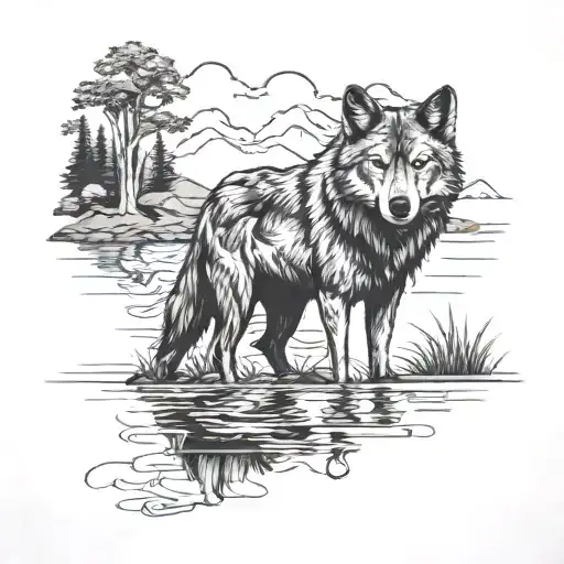A Detailed Blackwork Tattoo Of A Wolf Fishing In A Serene Lake