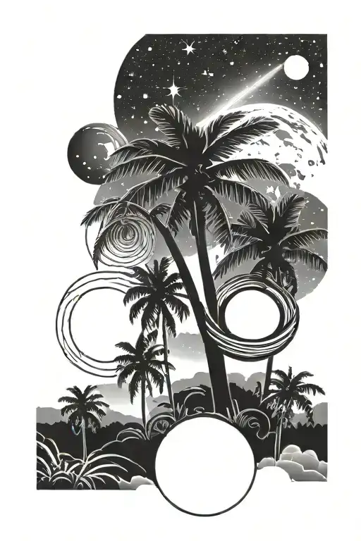 Galaxy Background With Palm Trees Saturn Rings