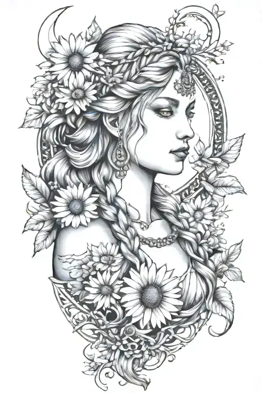Freya Goddess Bust Braided Hair Full Moon With Daisies
