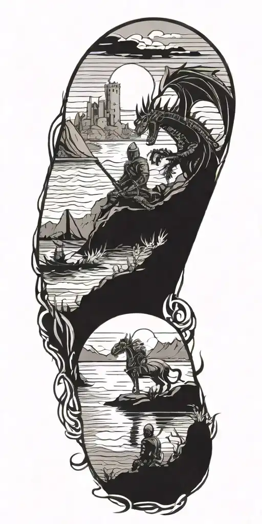 Medieval Knight Sitting By Camp Fire By The Ocean With Dragon And Castle In The Back With Sun In Sky