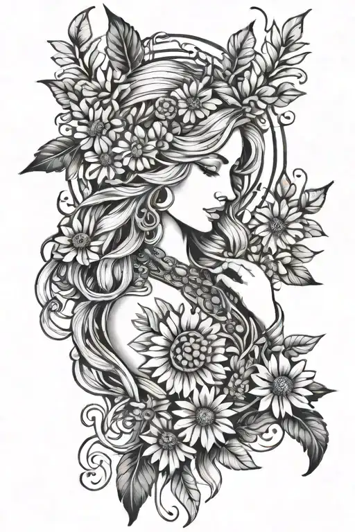 Freya Goddess Bust Full Moon Feathers With Floating Daisies