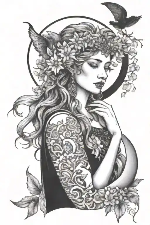 Freya Goddess With Daisies Moon And Cat Curled