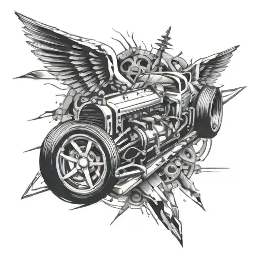 Combine Elements Of Speed And Automobilism In A Tattoo Of A Racing Car With Mechanical Wings