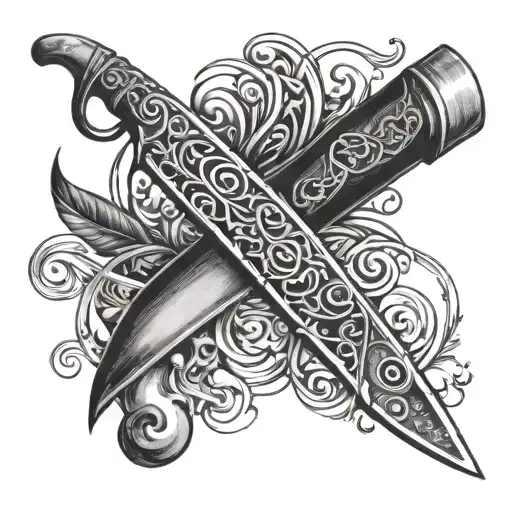 A Detailed Blackwork Tattoo Of A Chef's Knife Intertwined With Musical Notes And Fishing Hooks