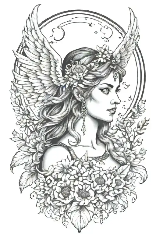 Full Moon Freya Bust Goddess With Daisies And Wings On Shoulder