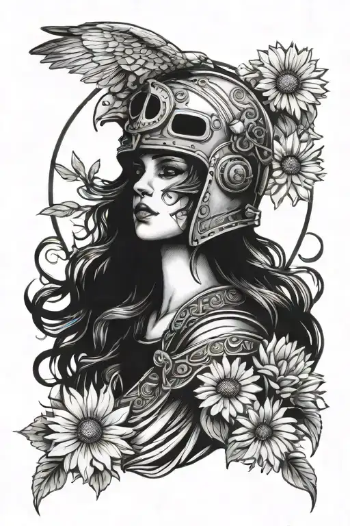 Freya Goddess Bust Wearing Falcon Helmet Full Moon And Floating Daisies