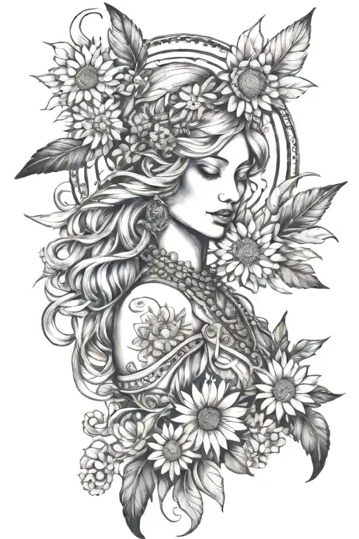 Freya Goddess Bust Full Moon Feathers With Floating Daisies
