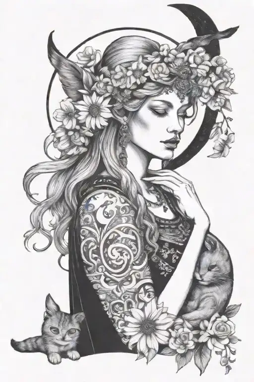 Freya Goddess With Daisies Moon And Cat Curled