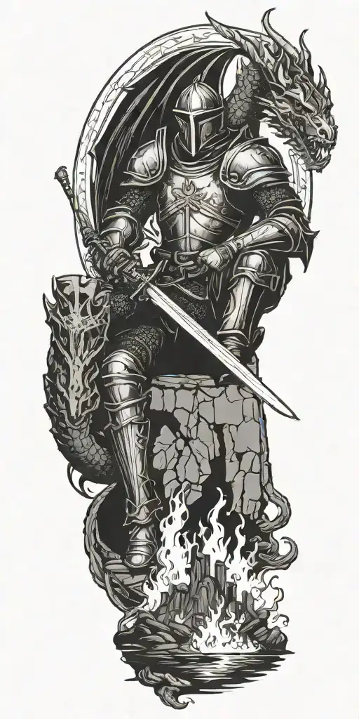Medieval Knight Sitting By Camp Fire By The Ocean With Dragon And Castle In The Back