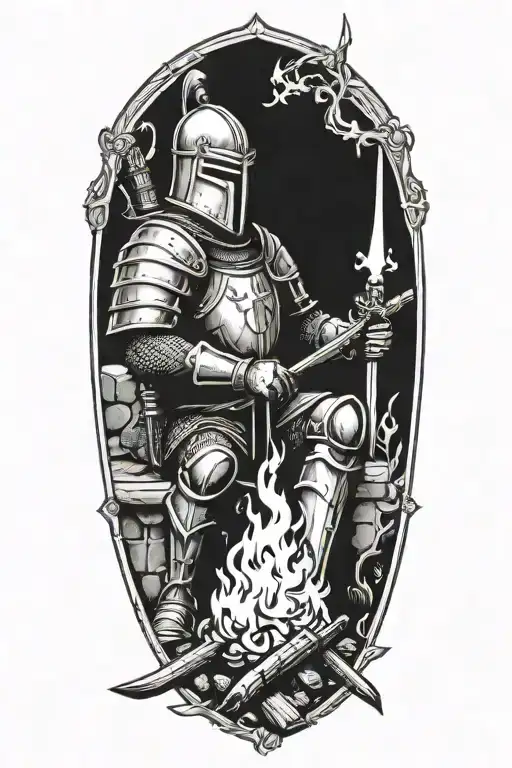 Medieval Knight Sitting By Camp Fire With Sword