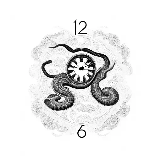 A Coiled Snake Above The Clock With Burgundy Petals Scattered Everywhere