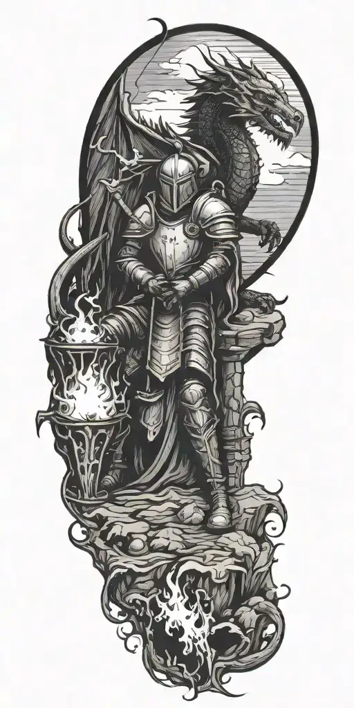 Medieval Knight Sitting By Camp Fire By The Ocean With Dragon And Castle In The Back With Sun In Sky