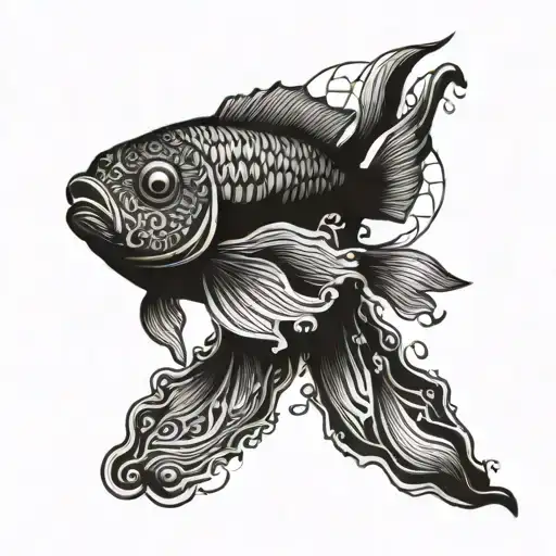 An Intricate Blackwork Tattoo Of A Tambaqui Fish Swimming In A River