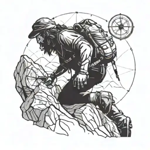 A Blackwork Tattoo Of A Fearless Explorer Climbing A Mountain With A Compass In Hand