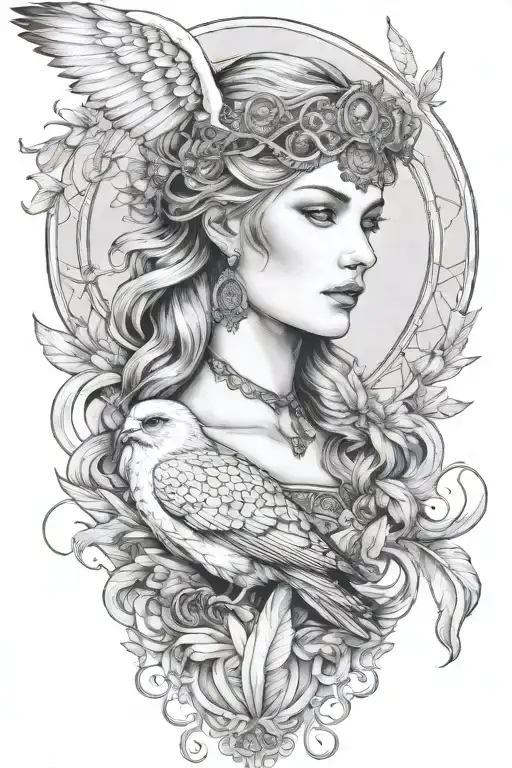 Freya Goddess Bust Full Moon Falcon Feathers