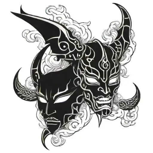 2 Oni Masks Staring At Each Other And It Will Be In Black And White Surrounded By Clouds