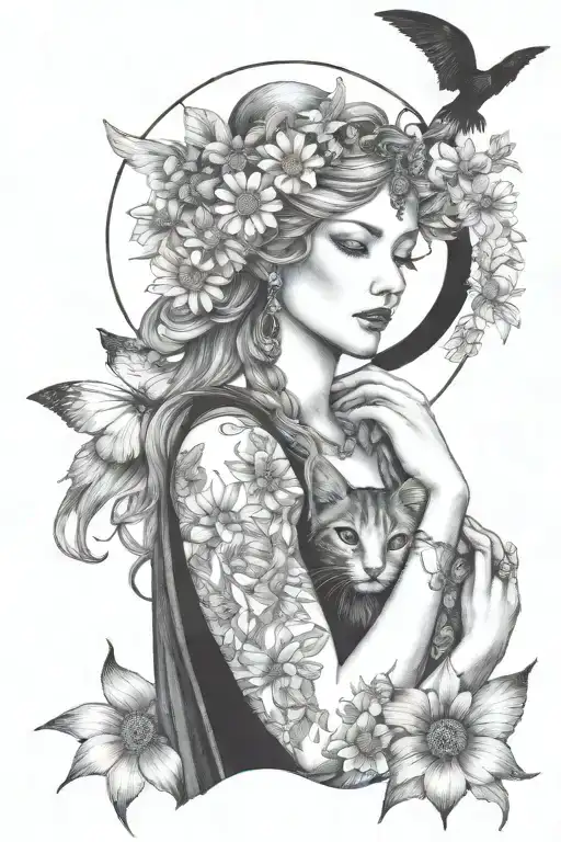 Freya Goddess With Daisies Moon And Hanging Wings Kitten