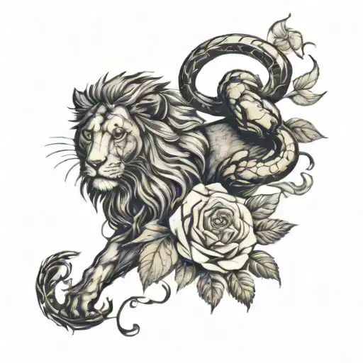 A Lion And Scorpion Intertwined In A Rose Vine