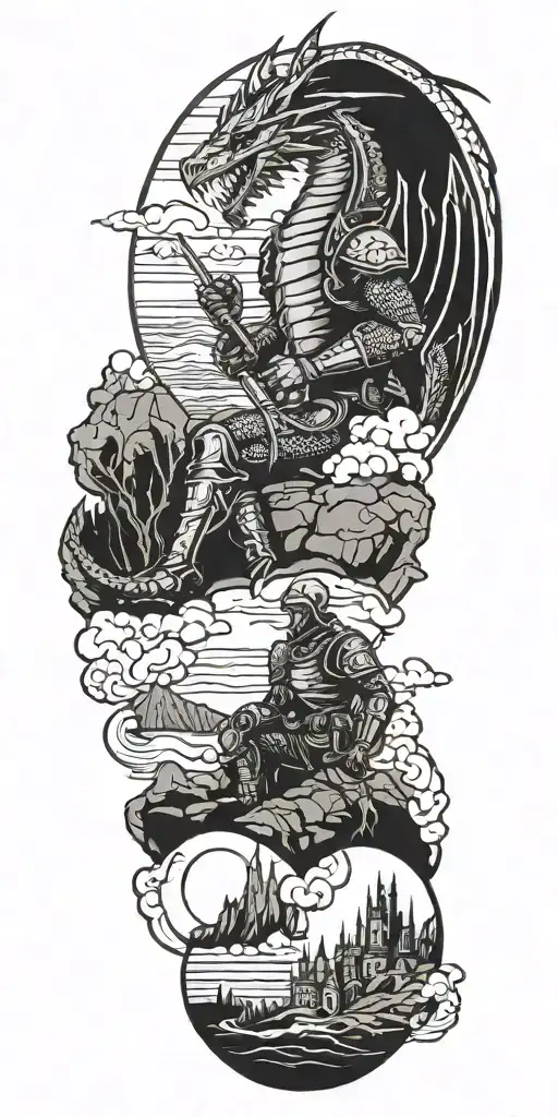 Medieval Knight Sitting By Camp Fire By The Ocean With Dragon And Castle In The Back With Sun In Sky