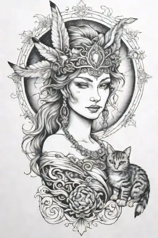 Freya Goddess Bust With Small Cat Full Moon Feathers