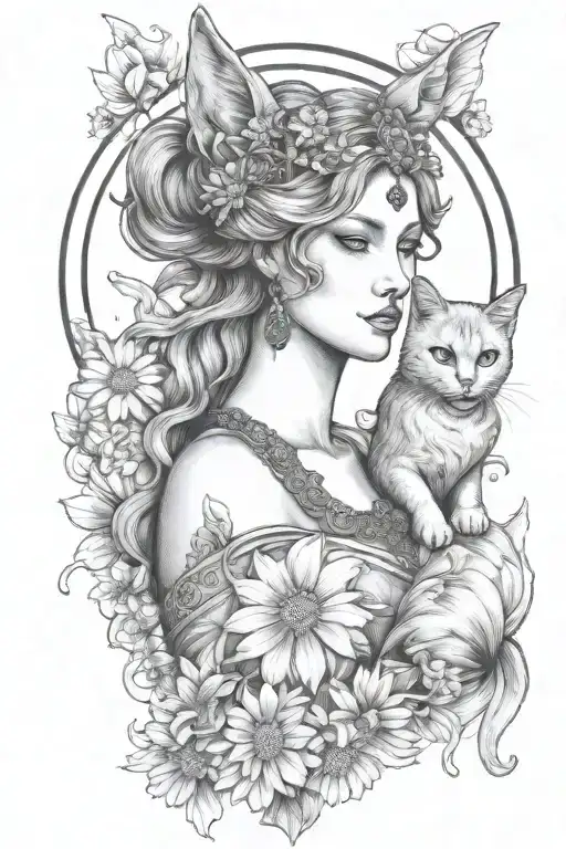 Freya Goddess Bust With Small Cat Full Moon Daisies