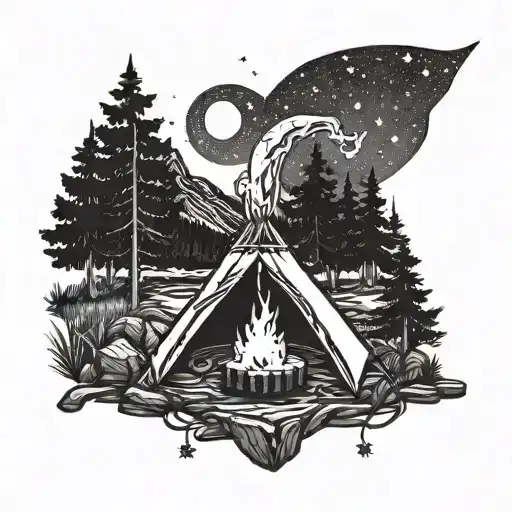A Black-grey Tattoo Of A Night Sky Filled With Stars Above A Campfire By A Waterfall