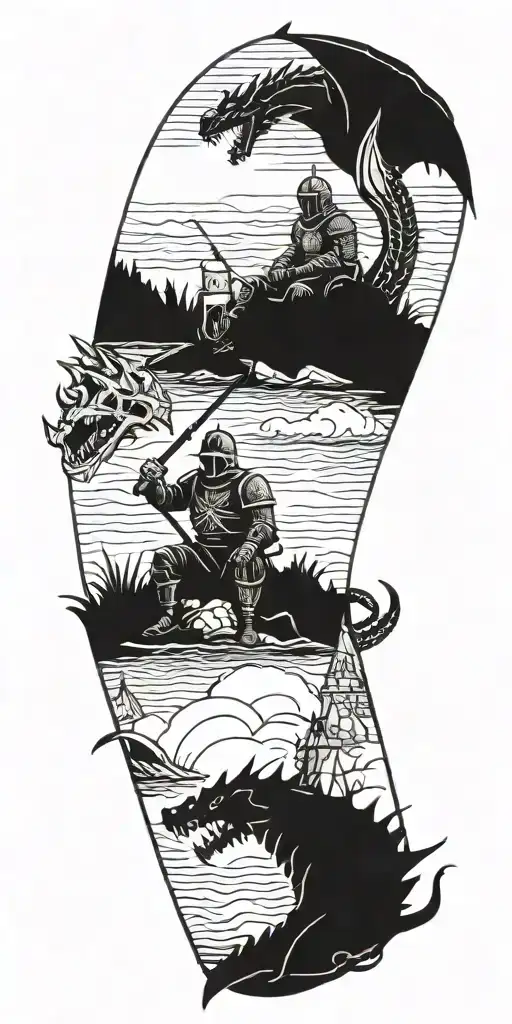 Medieval Knight Sitting By Camp Fire By The Ocean With Dragon And Castle In The Back