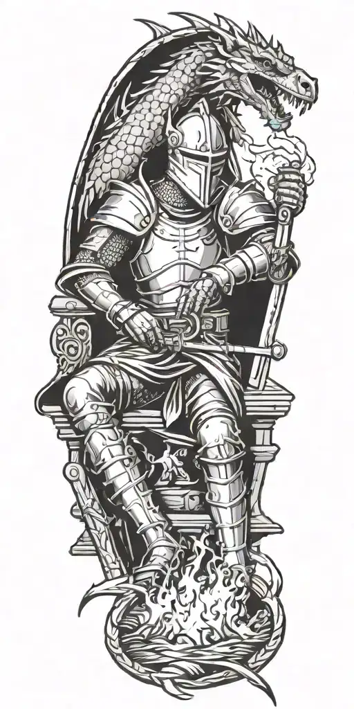Medieval Knight Sitting By Camp Fire By The Ocean With Dragon And Castle In The Back With Sun In Sky
