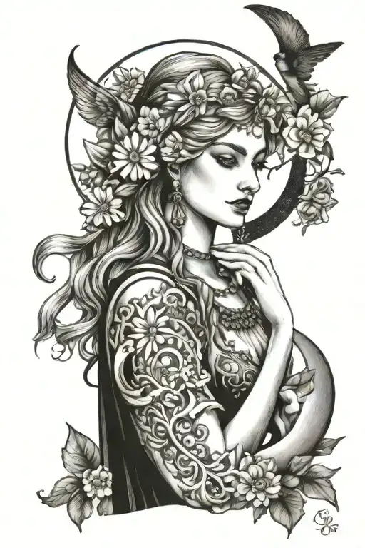 Freya Goddess With Daisies And Moon