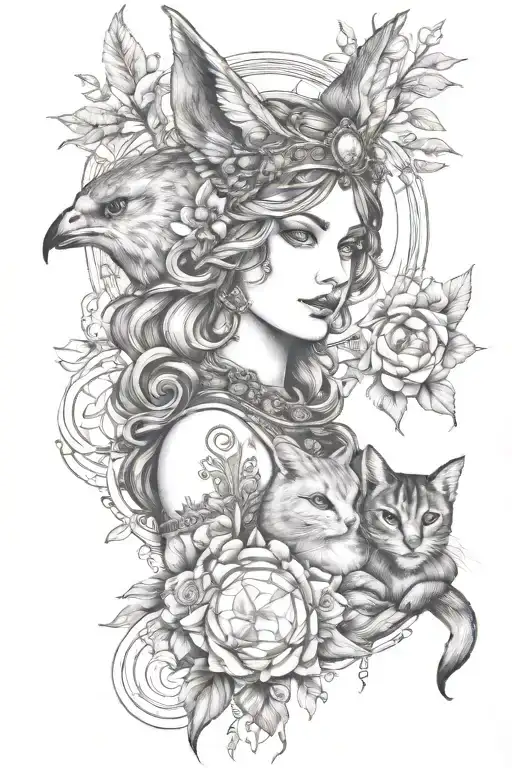 Freya Goddess Bust With Small Cat Full Moon Falcon