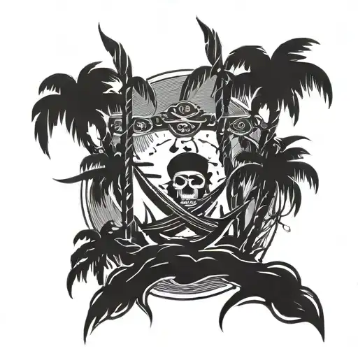 Pirate Symbol Between Two Crossed Palm Trees Swaying
