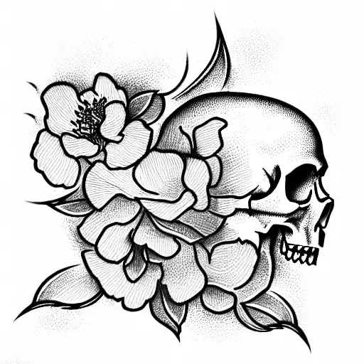 Red Blossom On Skull With Angels