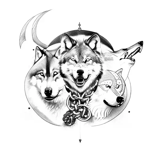 Odin With 2 Wolves Guarding Him While He Has Another Wolf In Chains