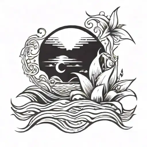 An Abstract Interpretation Of A Sunrise Over The Ocean With Waves And A Cali Lilly