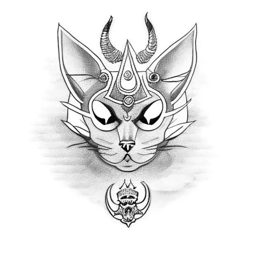 A Fierce Blackwork Tattoo Of A Cat Riding A Royal Enfield Bike With Horns And A Skull Helmet