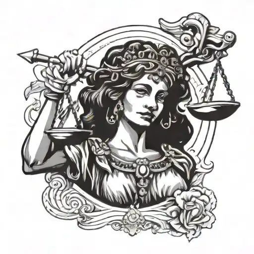 Lady Justice Traditional Tattoo With A Lion Head
