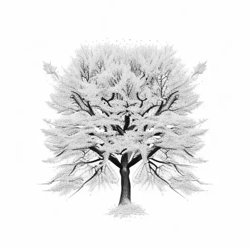 A Tall Tree With Twisting Branches And Blowing Leaves