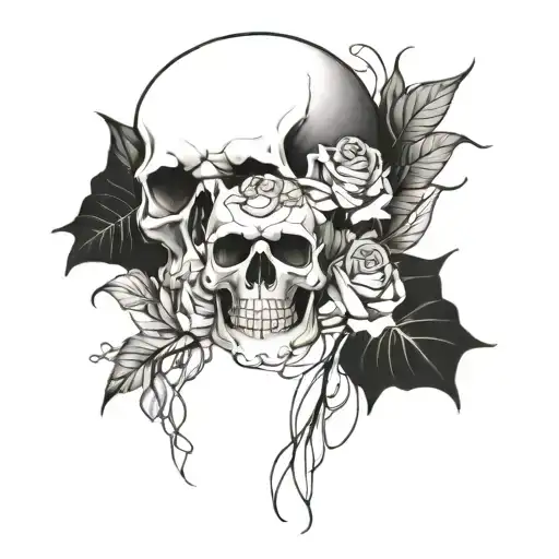 A Tattoo Design Combining Roses And A Skull In A Blackwork Style