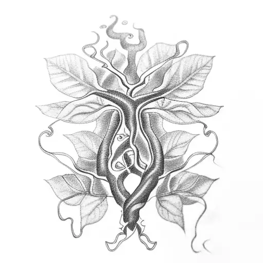 A Blackwork Tattoo Of A Neuron Intertwined With A Coffee Bean Plant
