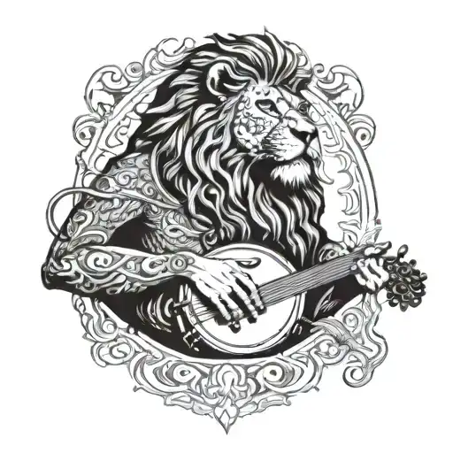 A Lion Playing A Traditional Persian Instrument Under The Sun