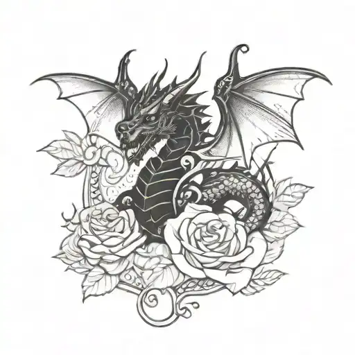 Black And White Dragon With Rose Surrounded